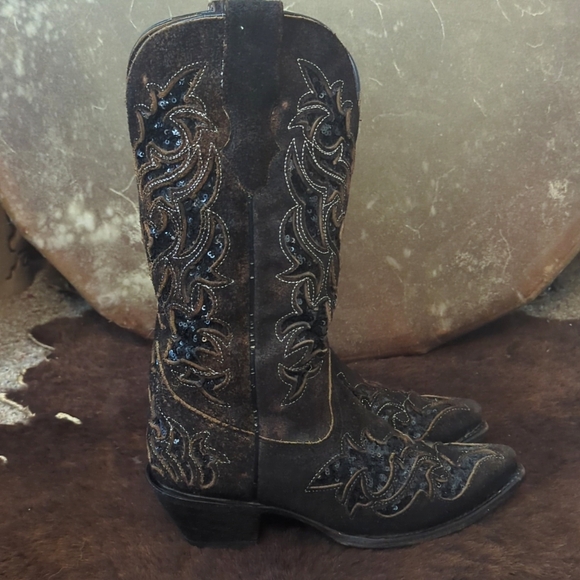 CORRAL R1152 distressed dark brown leather & black sequins cowgirl boots sz 7 - Picture 7 of 16